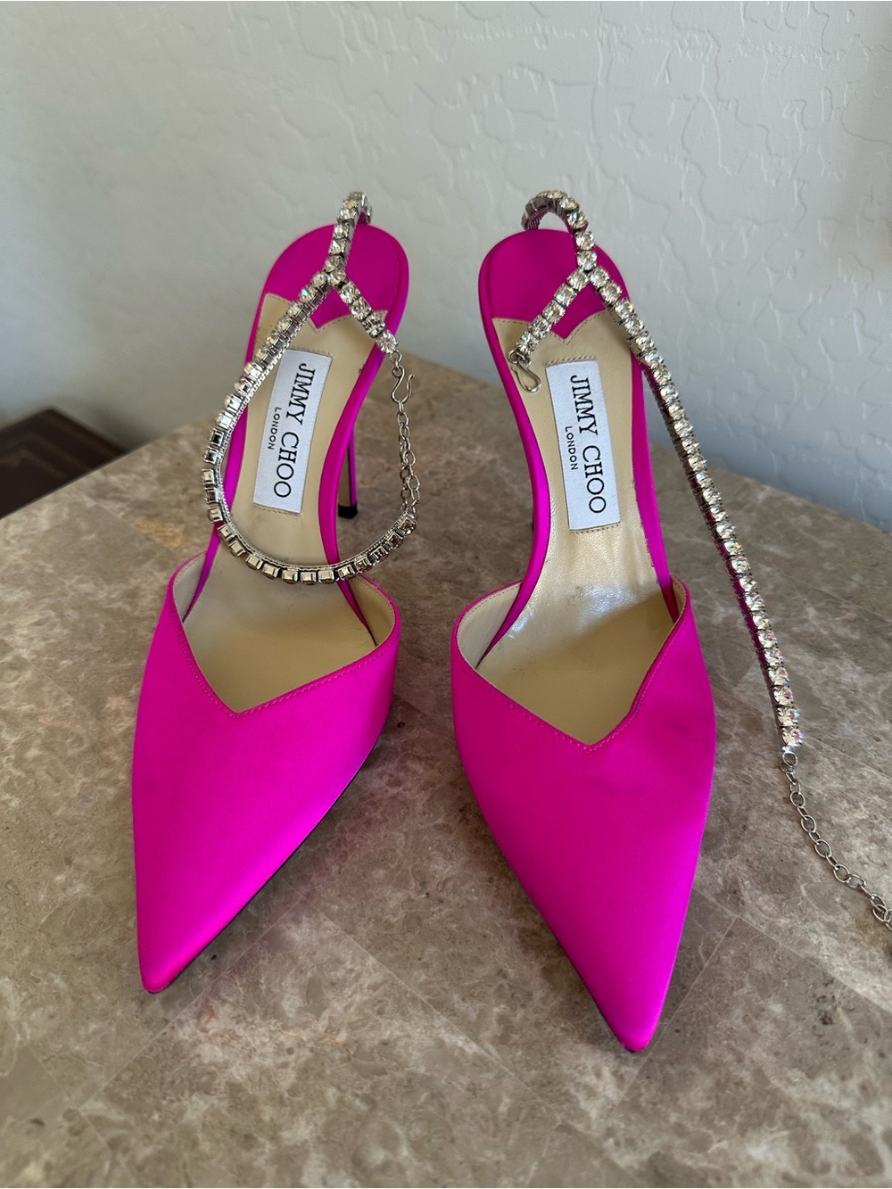 Jimmy Choo Fuchsia Satin Pointed-Toe Heels with Crystal Ankle Chain
